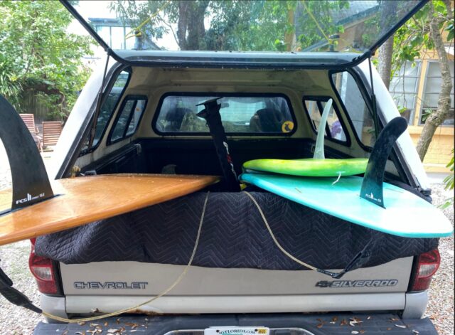 Patrick Rynne's truck, loaded with surfboards